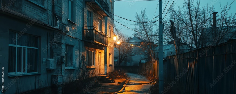 The dark street is illuminated by a single lantern The dark street is illuminated by a single lantern