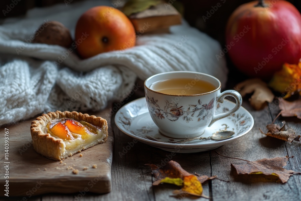 Warm tea with quince pie in autumn Warm tea with quince pie in autumn