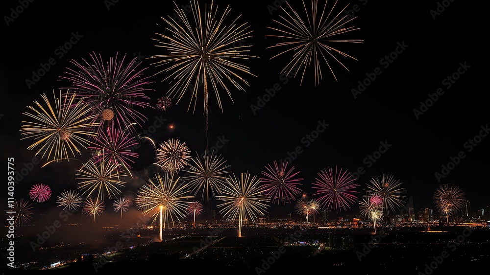 text Happy new Year Silvester New Year%27s Eve Party background banner panorama long- fireworks firework pyrotechnics on black night texture text Happy new Year Silvester New Year%27s Eve Party background banner panorama long- fireworks firework pyrotechnics on black night texture