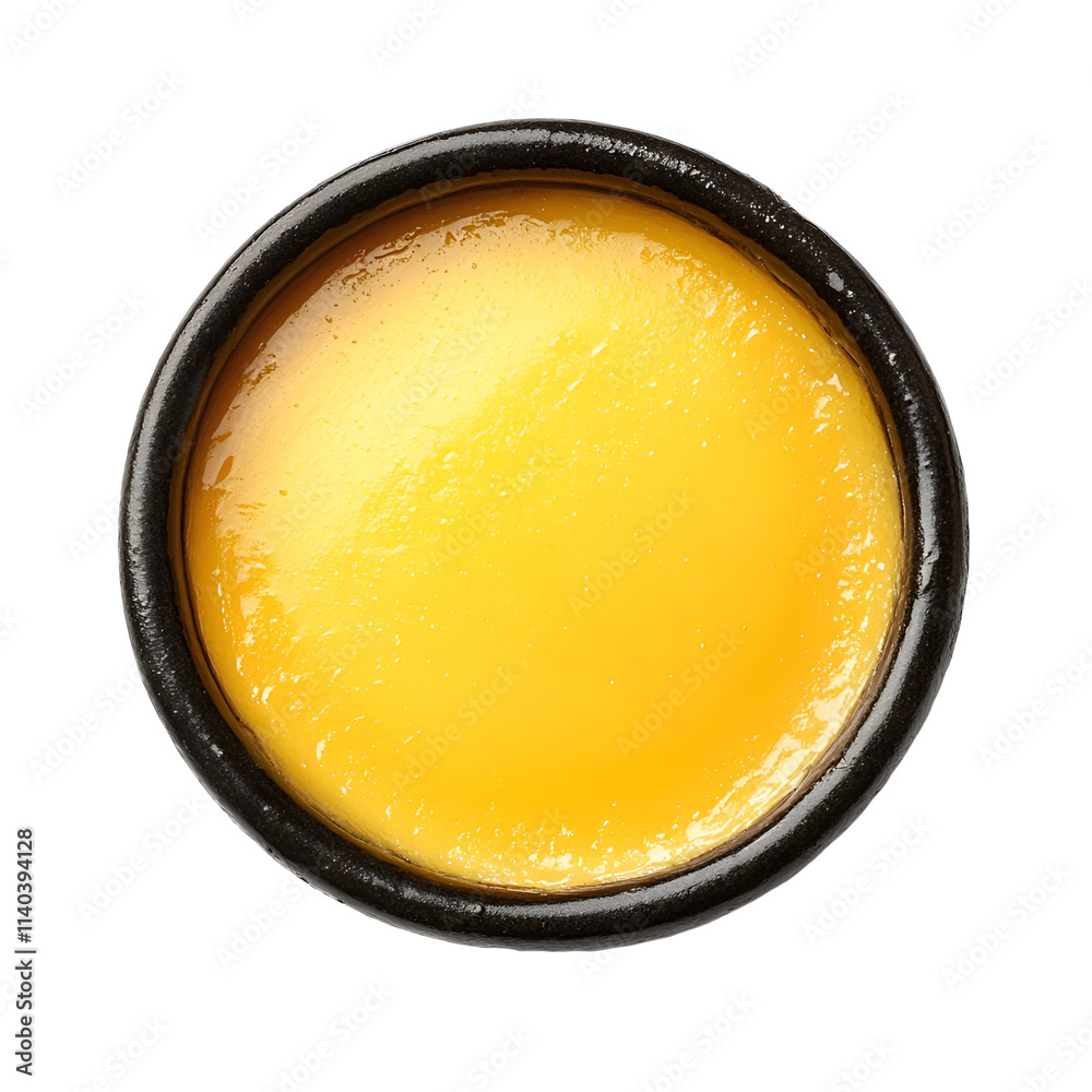 Extreme top view of hyperrealistic honey pudding in a dark ceramic dish isolated on a white transparent background Extreme top view of hyperrealistic honey pudding in a dark ceramic dish isolated on a white transparent background