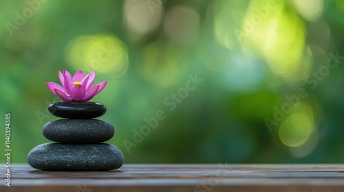 Serene stacked stones with a pink lotus flower