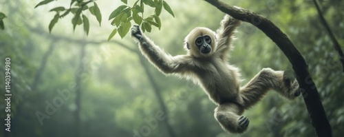 Agile gibbon leaping between branches, dynamic forest environment photo