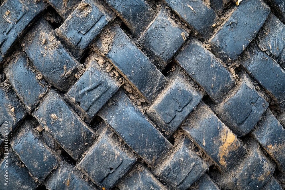 Detailed bicycle tire tread texture revealing wear and dirt from outdoor cycling Detailed bicycle tire tread texture revealing wear and dirt from outdoor cycling