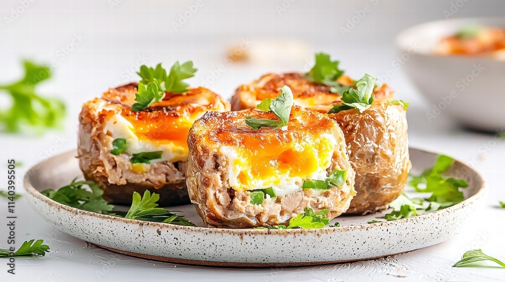 Delicious Baked Egg and Tuna Bites with Parsley Garnish Delicious Baked Egg and Tuna Bites with Parsley Garnish