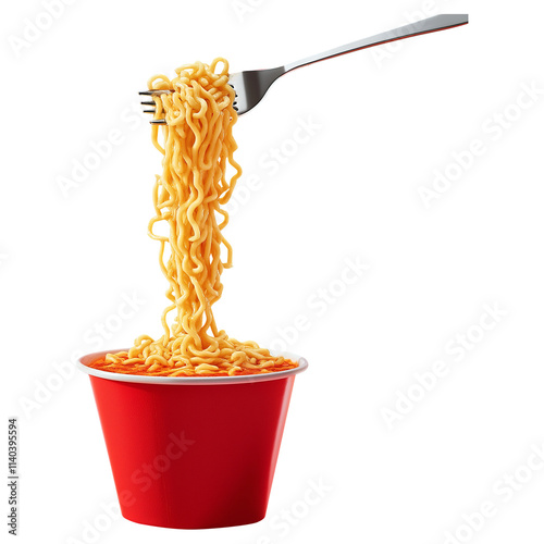 red plate with cooked noodles. The fork takes the noodles. Instant noodles isolated on transparent white background, png