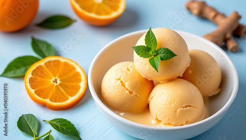 Tangerine and Ginger Sorbet - A refreshing sorbet made with tangy tangerines and fresh ginger. background copyspace