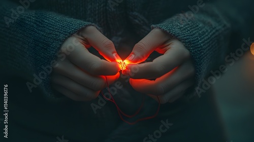 A close-up of a person s hands tying a glowing red thread around their wrist, symbolizing inner strength