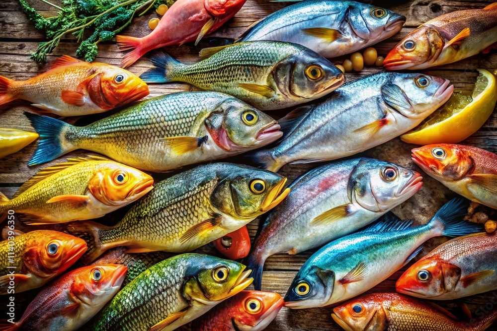 Obraz premium Fisherman's Bounty: Stacked Fish, Coastal Still Life, Seafood Harvest, Fishing Industry, Ocean Catch Photography
