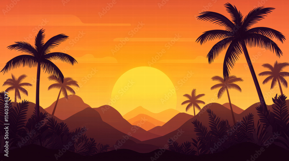 Naklejka premium Tropical sunset landscape with palm trees and mountains