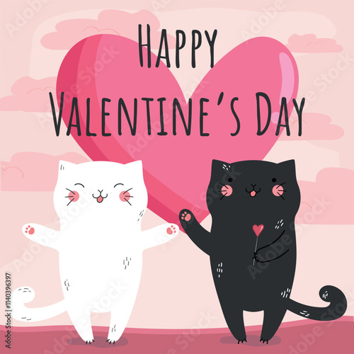 Valentine card with two hand drawn cats in love with heart on pink sunset background. Vector illustration