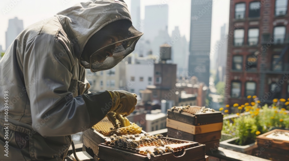 Beekeeper extracting honey from beehive on urban rooftop, promoting sustainable agriculture and local honey production Beekeeper extracting honey from beehive on urban rooftop, promoting sustainable agriculture and local honey production