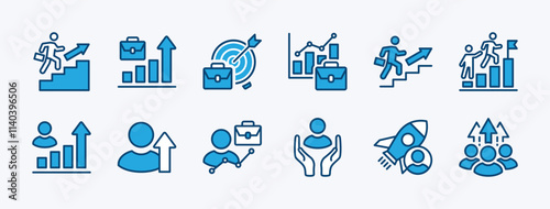 Set of business career icon. Containing promoted, climbing, growth, grow arrow, rank, success, progress, advancement, improve, achievement, startup, employment, work, development. Vector illustration