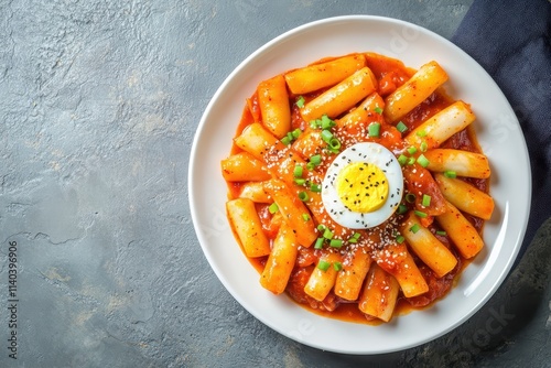 White plate of tteokbokki with boiled egg Ideal for recipes articles catalogs or commercials with space for text photo