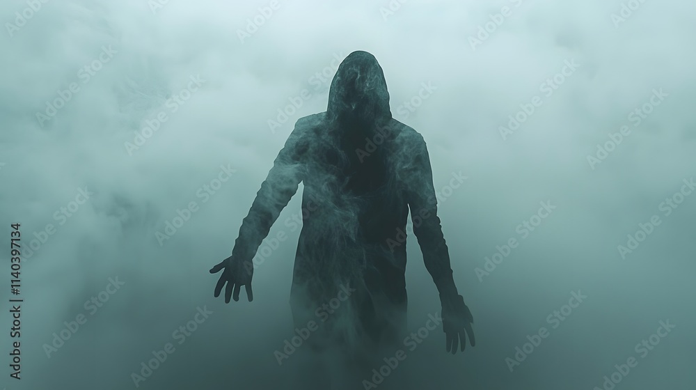 A lone silhouette walking through a dense fog, shadowy hands reaching out toward them A lone silhouette walking through a dense fog, shadowy hands reaching out toward them