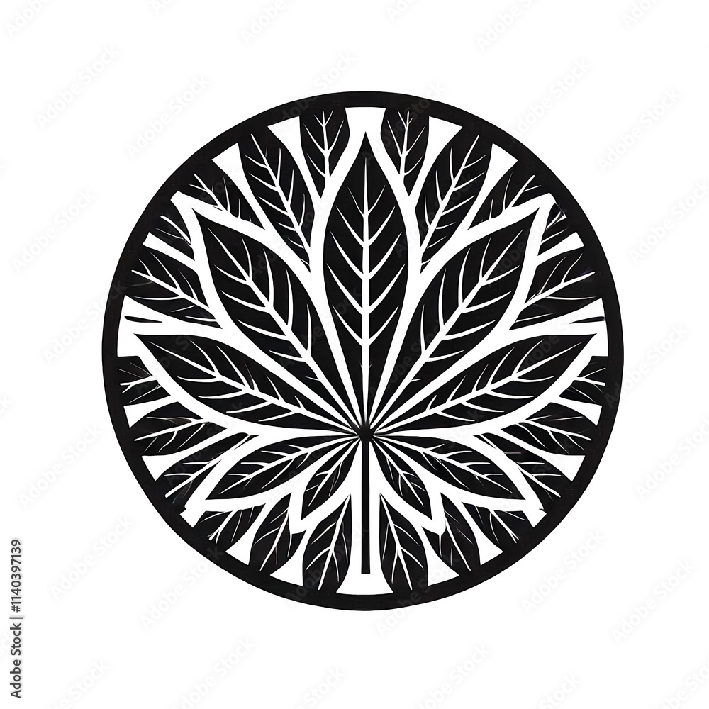A simple and minimalist logo featuring a cassava leaf inside a circle. A simple and minimalist logo featuring a cassava leaf inside a circle.