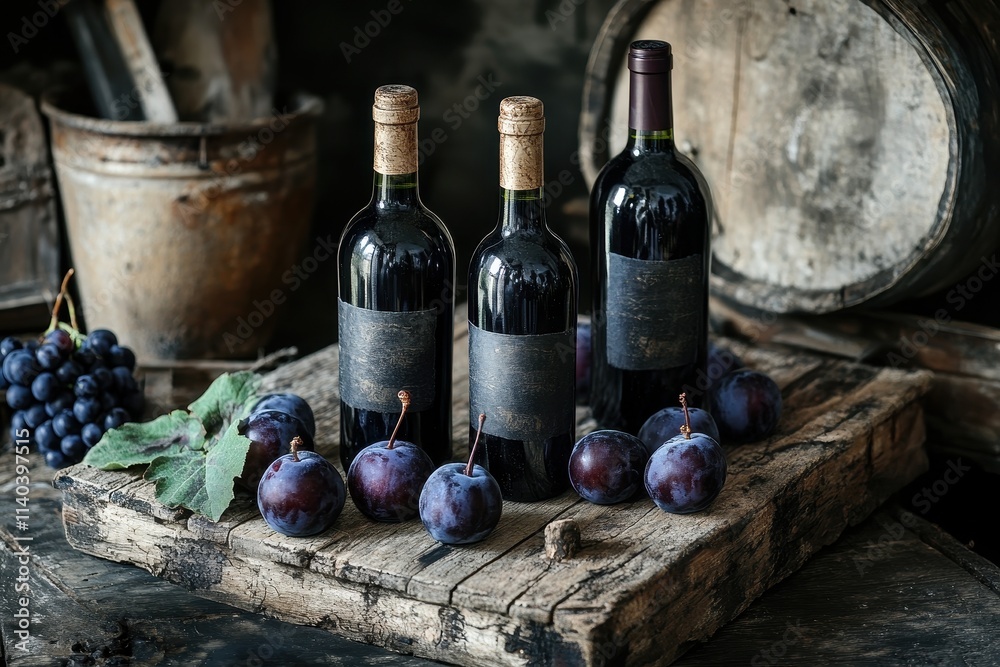Wine bottles and plums on the table Wine bottles and plums on the table