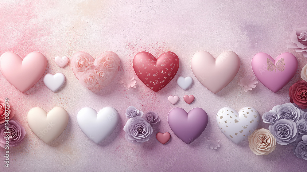 Obraz premium Romantic Valentine's Day Background with Hearts, Flowers, and Golden Accents