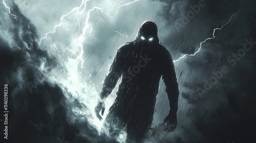 A shadowy figure standing in a storm, their glowing eyes defying the darkness surrounding them photo