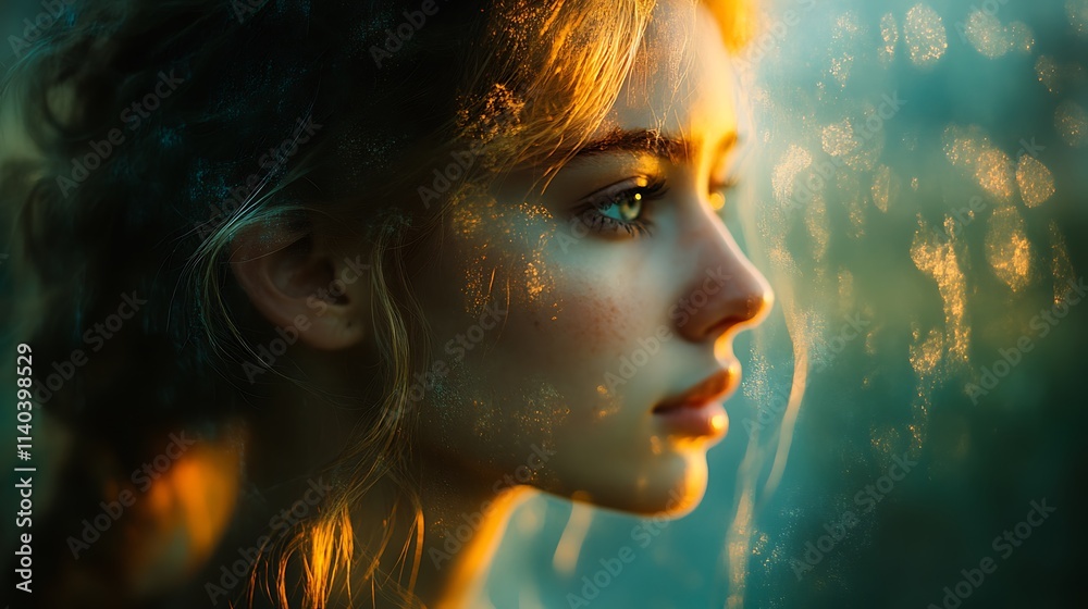 Golden Light Illuminates Young Womans Profile Golden Light Illuminates Young Womans Profile