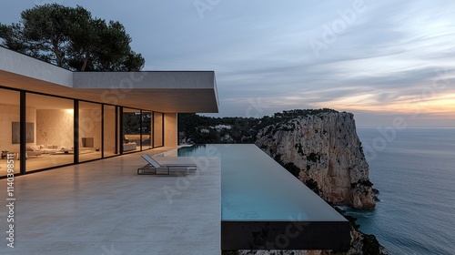 Luxurious cliffside villa with infinity pool at dusk balconied overlooking ocean modern architecture serene views photo