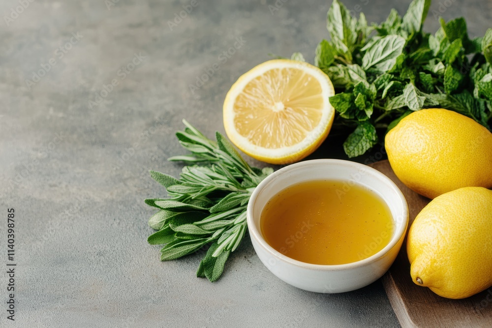 Fresh herbs, honey, and lemon creating a natural wellness scene Fresh herbs, honey, and lemon creating a natural wellness scene