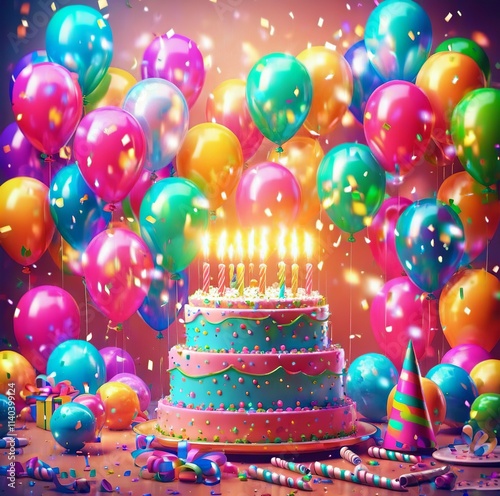 Festive scene with vibrant birthday balloons and a colorful cake adorned with lit candles, creating a cheerful celebration atmosphere. Created with generative AI technology
