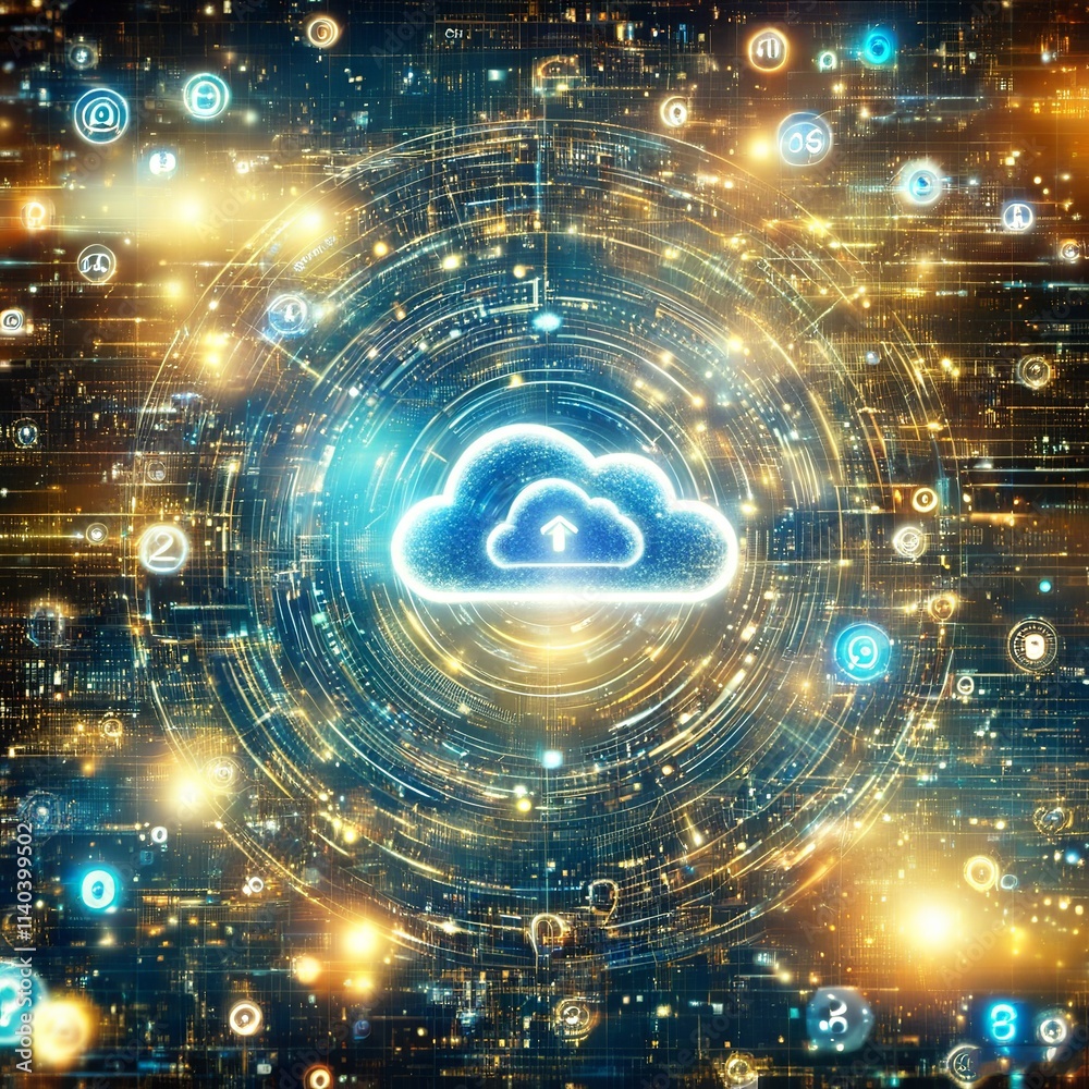 Obraz premium Futuristic Digital Cloud Computing Concept with Holographic Data Flow, Blue and Golden Light, and Code Elements. Created with generative AI technology