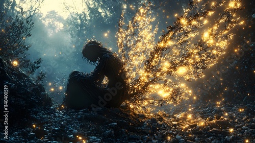 A figure kneeling on a rocky path, glowing thorny vines emerging from their back like wings photo