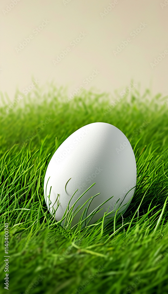 White egg resting delicately on vibrant green grass under soft lighting White egg resting delicately on vibrant green grass under soft lighting