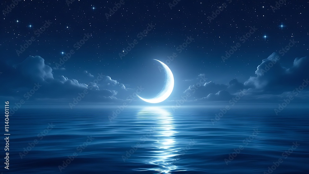 Crescent moon shining over dark sky with stars and lanterns, Ramadan celebration concept Crescent moon shining over dark sky with stars and lanterns, Ramadan celebration concept