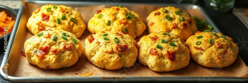 Freshly baked savory biscuits with herbs and bacon on a baking tray in a cozy kitchen photo