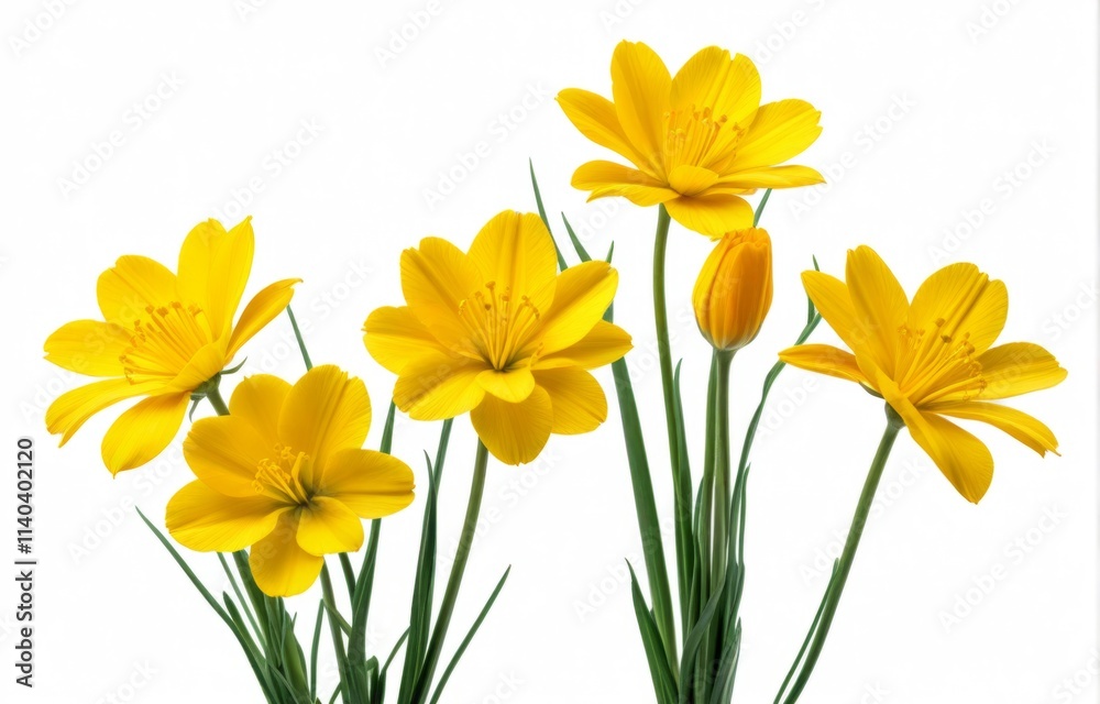 Bright yellow wildflowers with vibrant petals and slender green stems arranged cheerfully on a white background Bright yellow wildflowers with vibrant petals and slender green stems arranged cheerfully on a white background