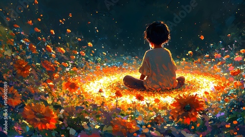 A child sitting in a glowing circle of flowers, their tearful face softening with hope