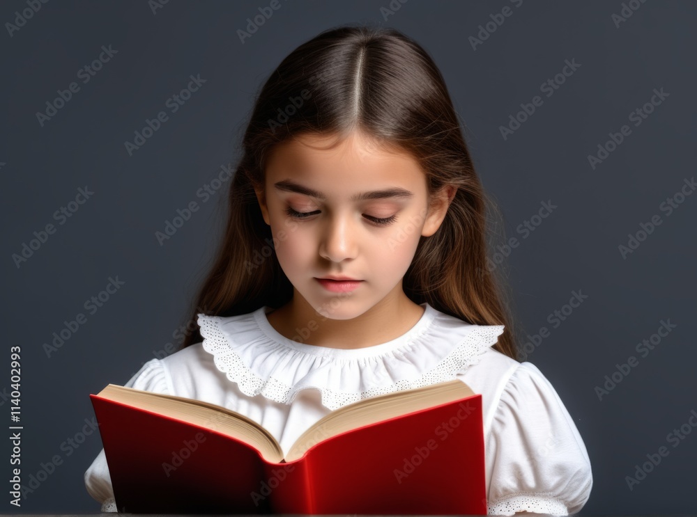 Young girl with long hair reading a red book in a calm setting with soft lighting, focusing on her reading activity Young girl with long hair reading a red book in a calm setting with soft lighting, focusing on her reading activity