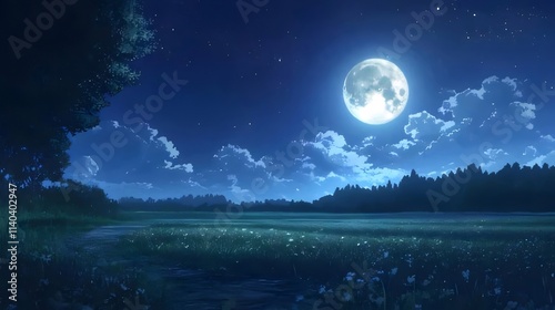 Full moon over serene night field.