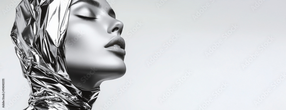 Elegant Woman with Silver Foil Wrap Highlighting Futuristic and Minimalist Aesthetic Elegant Woman with Silver Foil Wrap Highlighting Futuristic and Minimalist Aesthetic