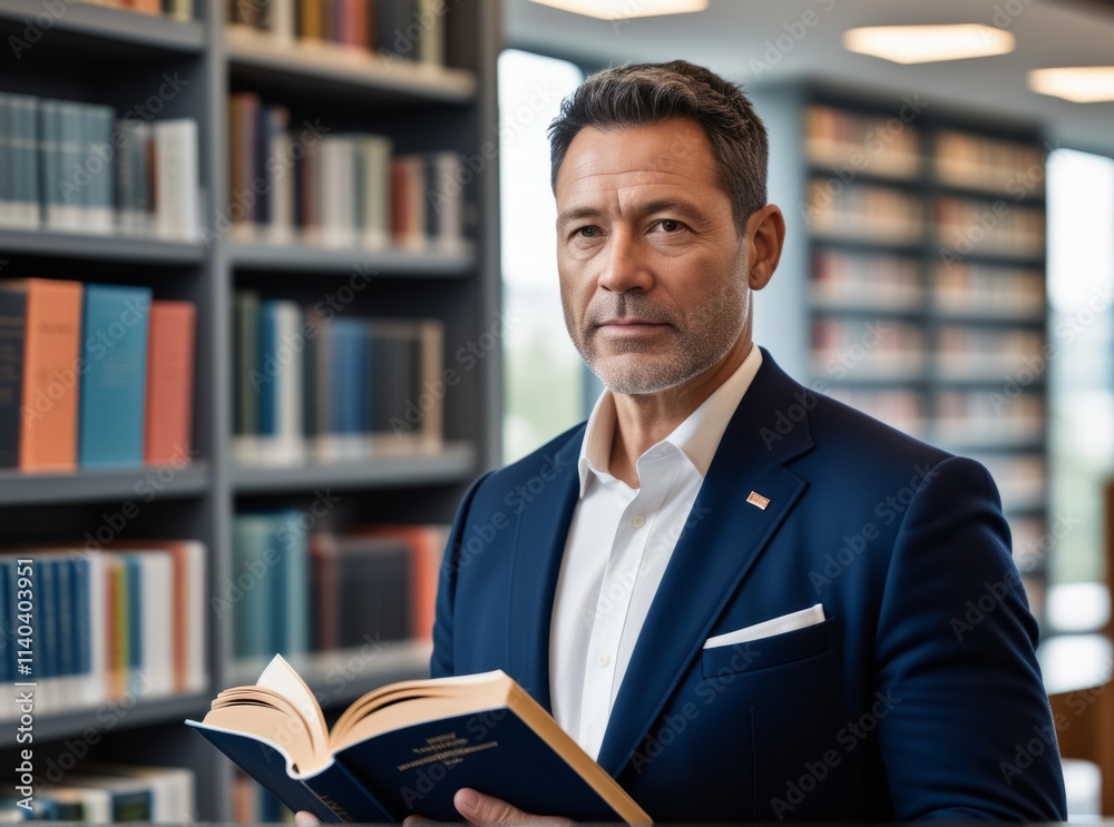 Man reading a book in a modern library surrounded by shelves filled with literature Man reading a book in a modern library surrounded by shelves filled with literature