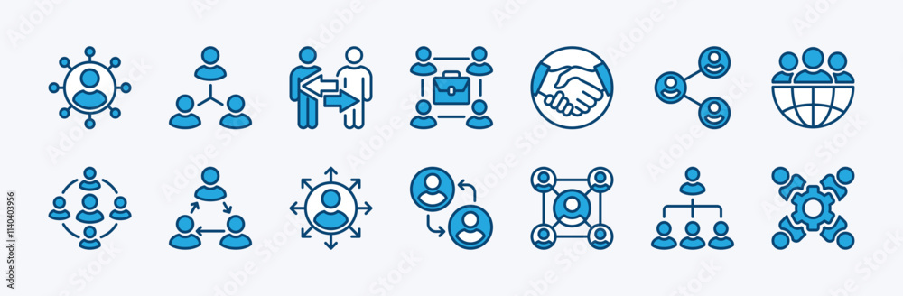 Fototapeta premium Set of people connections in business icon. Containing teamwork, group management, team, cooperation, hierarchy, organization, collaboration, global, network, sharing. Vector illustration