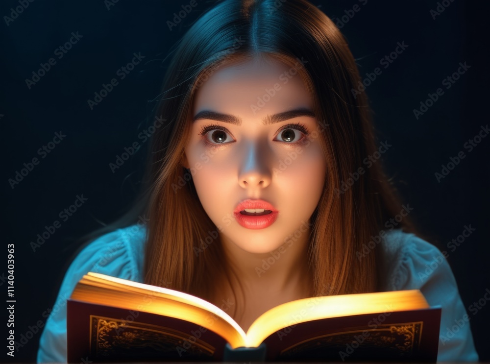 Young woman reading a book with a look of amazement in a dimly lit environment Young woman reading a book with a look of amazement in a dimly lit environment