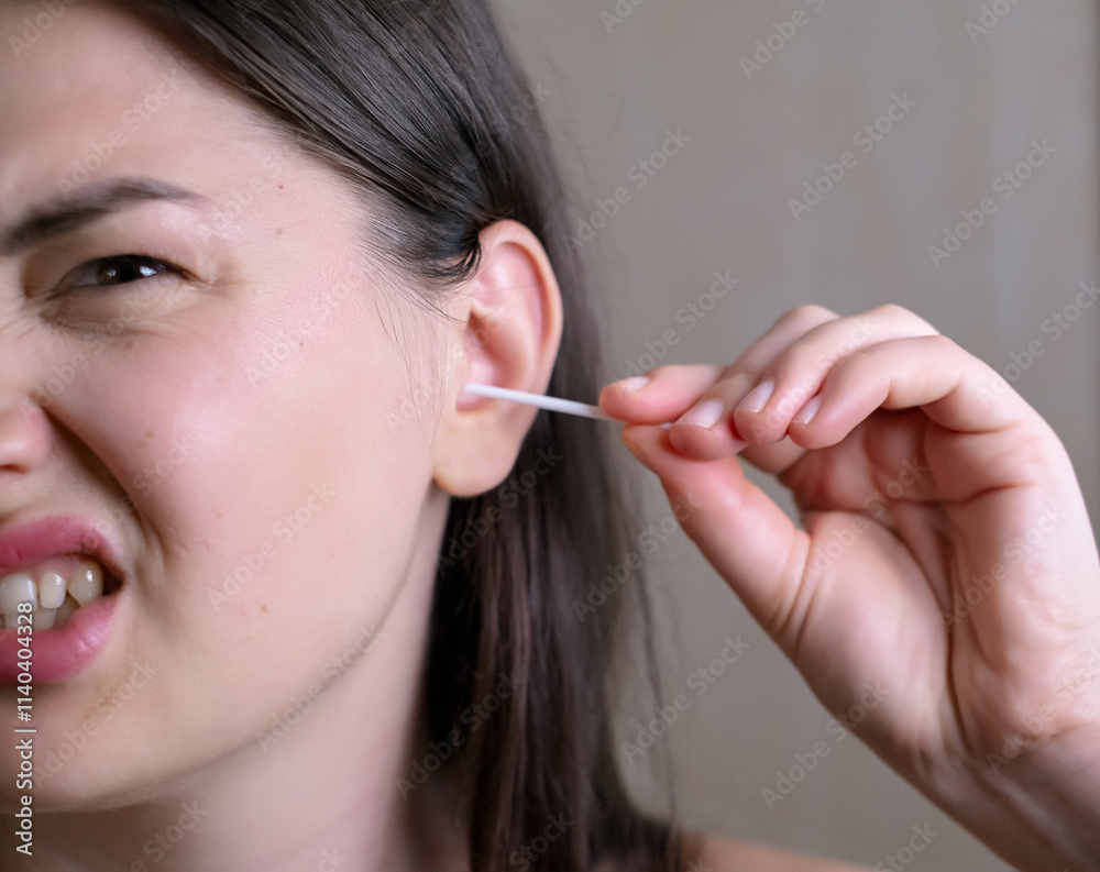 Millennial woman cleaning her ears in the bathroom, feeling pain during ear cleaning and making a grimacing facial expression. Millennial woman cleaning her ears in the bathroom, feeling pain during ear cleaning and making a grimacing facial expression.