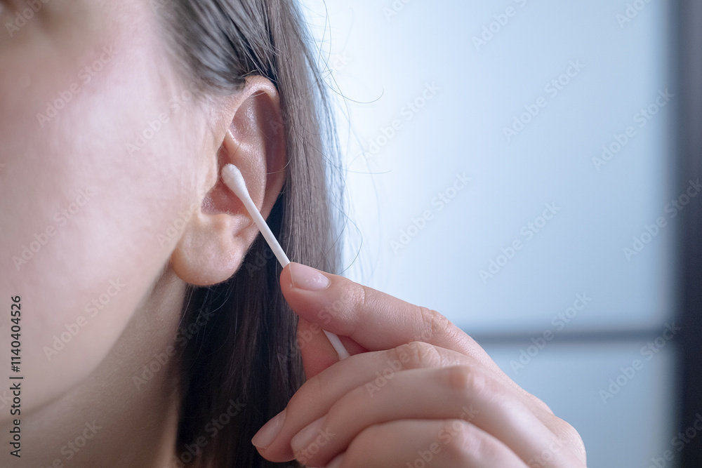 Φωτογραφία Young woman holding a cotton swab for ear cleaning, ear care for preventing infections and inflammation, personal hygiene routine