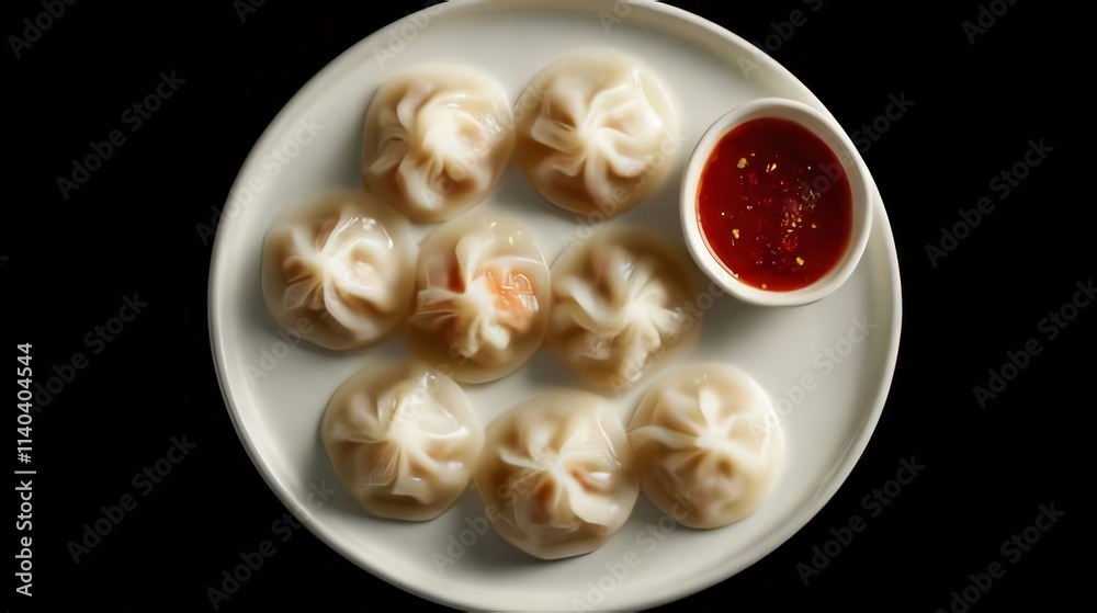 Eight steamed dumplings arranged on a white plate with a small bowl of red sauce. Eight steamed dumplings arranged on a white plate with a small bowl of red sauce.