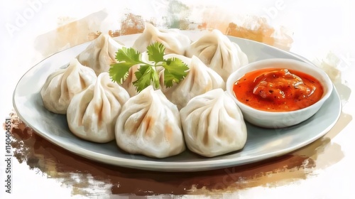 Steamed dumplings with spicy sauce on a plate.