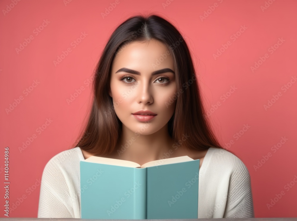 Young woman reading a book with a calm expression against a pink background Young woman reading a book with a calm expression against a pink background