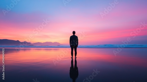 Man reflecting on scenic coastal beach at twilight with colorful sky and mountains