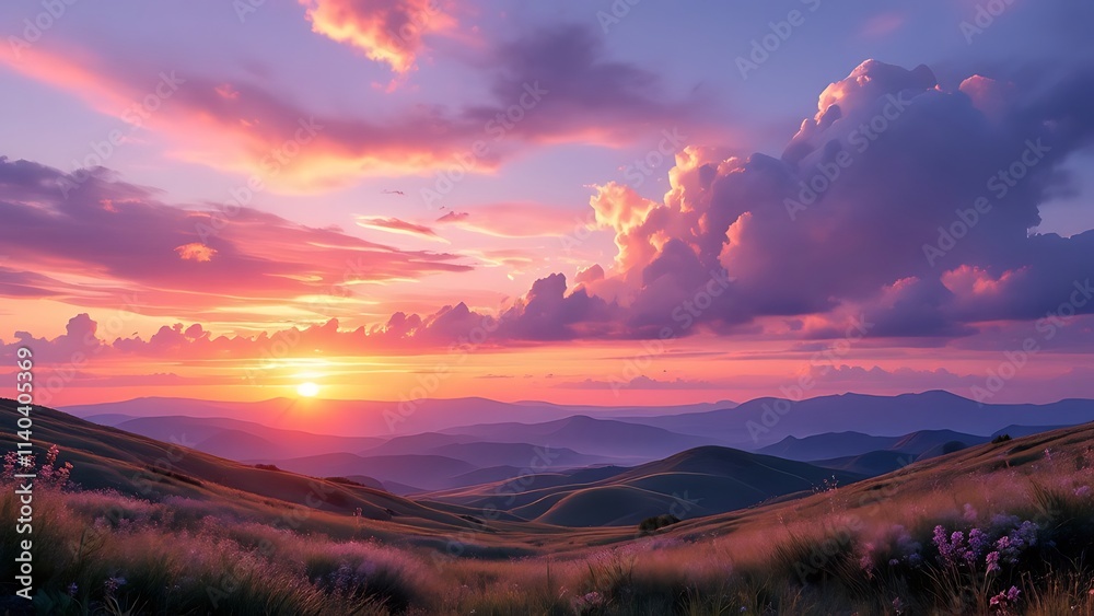Sunset over the field - Captivating 4K time-lapse: majestic sunrise/sunset landscape with stunning nature's light and rolling colorful clouds, Generative AI Sunset over the field - Captivating 4K time-lapse: majestic sunrise/sunset landscape with stunning nature's light and rolling colorful clouds, Generative AI