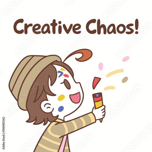 Joyful Child in Striped Shirt Celebrating with Colorful Confetti and Paint on Face