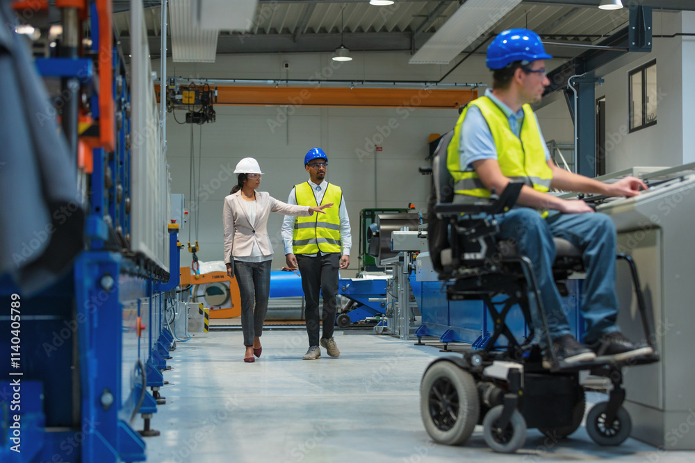 Fotografie Factory woman CEO touring with an employee the production line, where another worker with a disability expertly completing his tasks