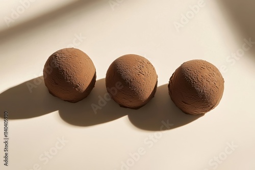 Three chocolate ice cream spheres displayed on a light white backdrop with a subtle shadow effect photo