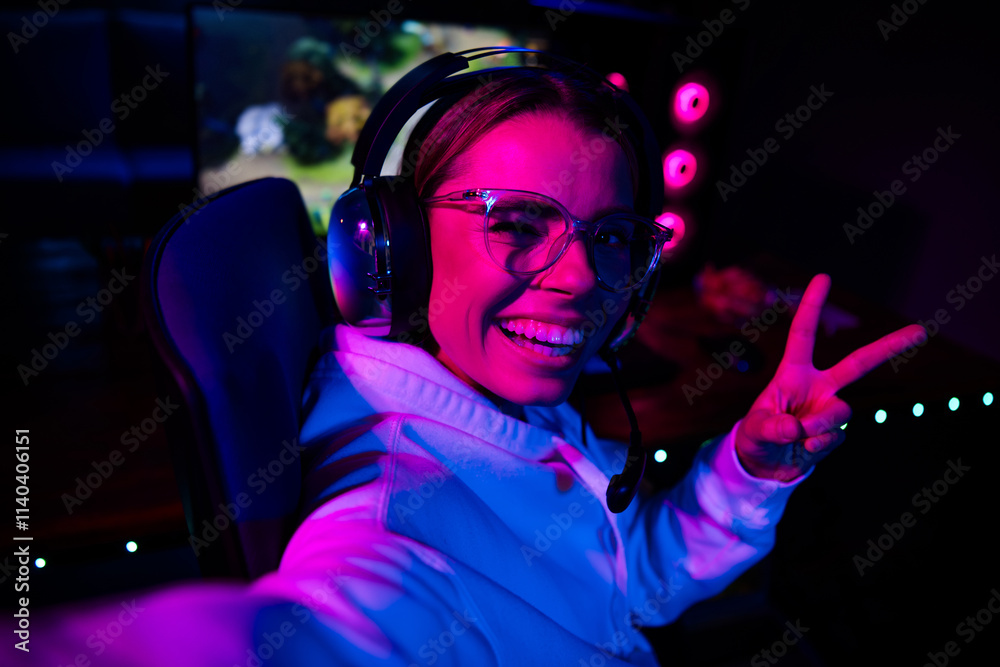 Photo of gamer lovely blonde young lady take selfie photo v-sign play strategy game late night room indoors purple blue neon light Photo of gamer lovely blonde young lady take selfie photo v-sign play strategy game late night room indoors purple blue neon light